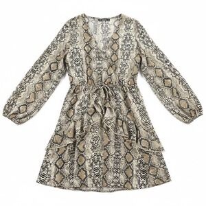 Snake Print Wrap Dress Ruffle Tiered Long Sleeve Midi Women's M Buguest